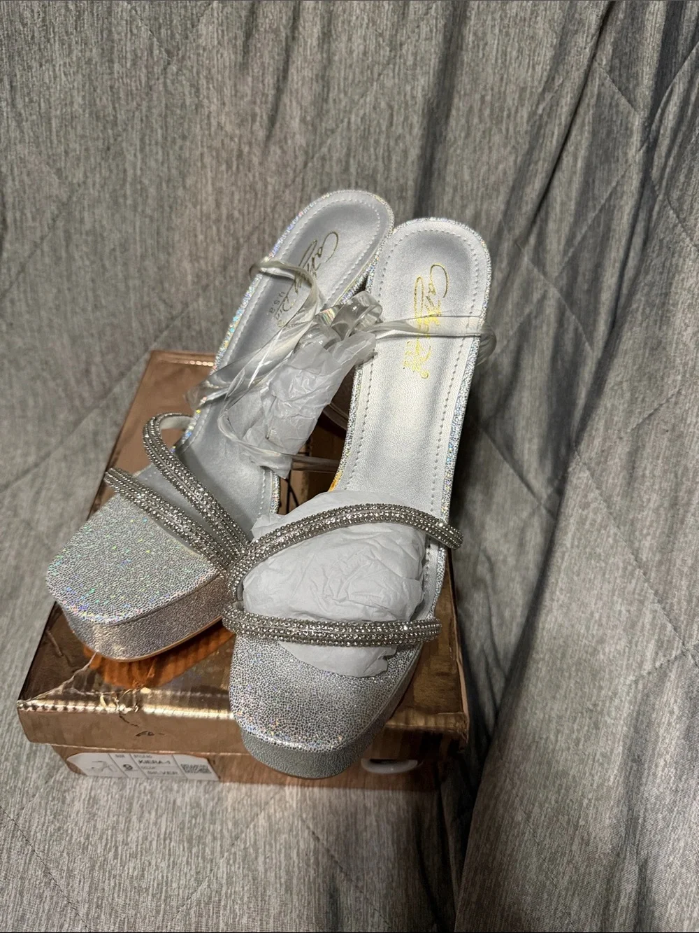 Seychelles Silver Holographic Platform Sandals with Crystal Straps